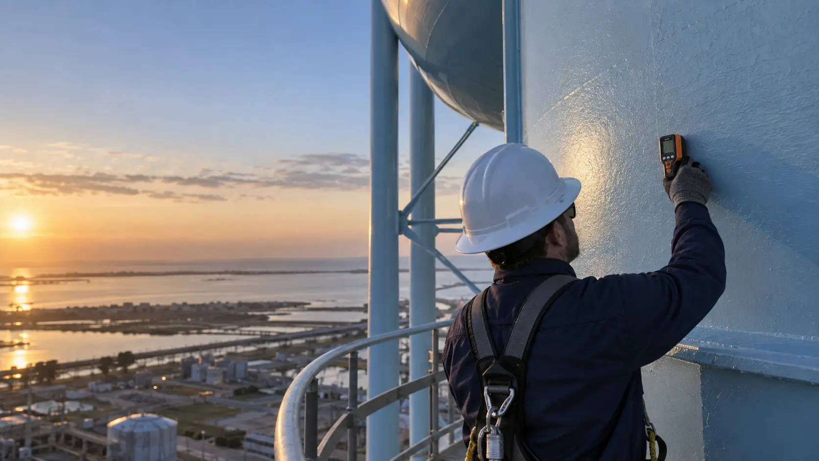 Coatings inspector measuring dry film thickness on a water tank